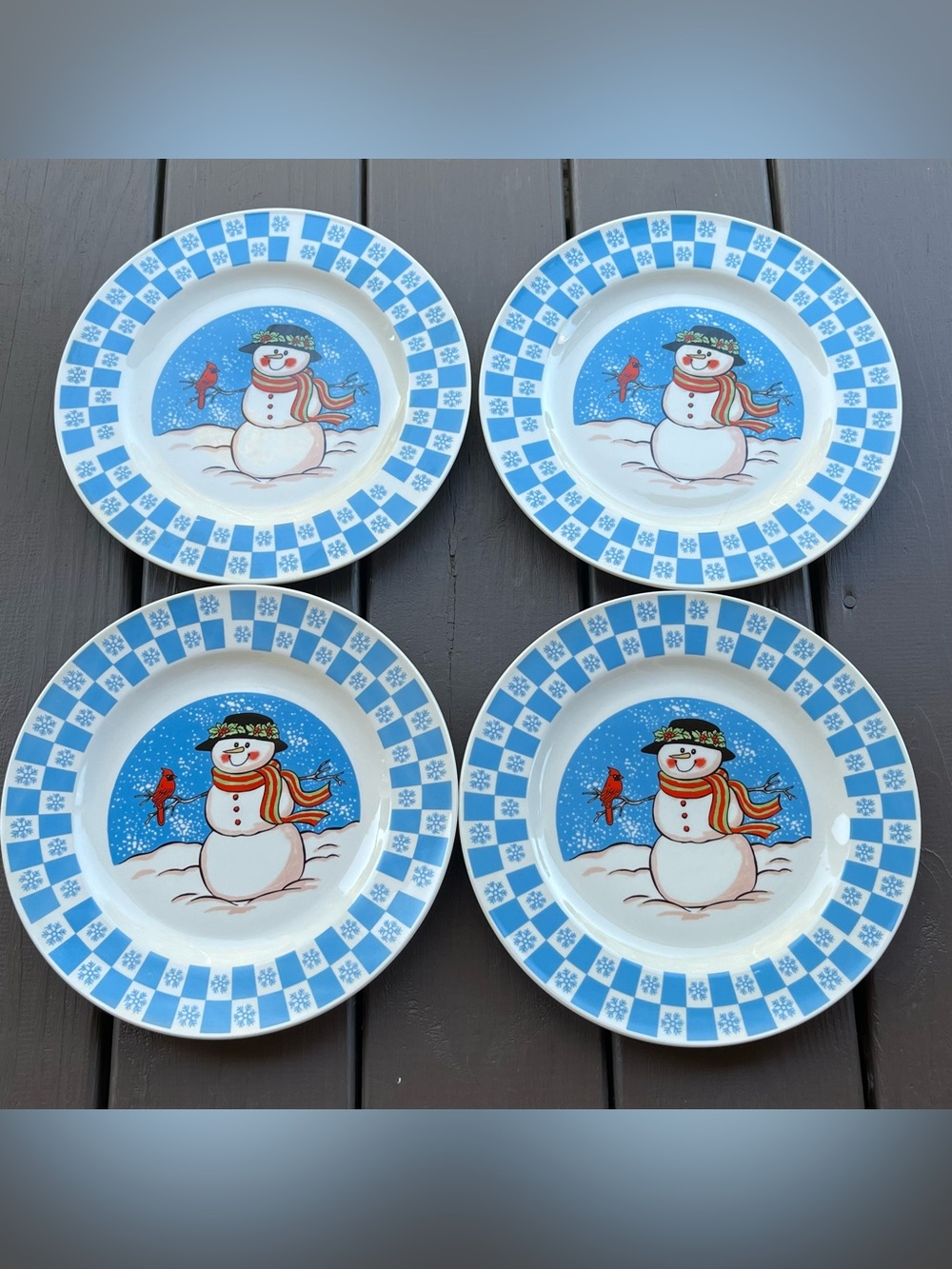 Vintage GEI Checked Snowflakes Snowman Cardinal 4 Dinner Plates Whimsy Winter